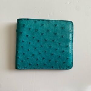 Real Genuine Ostrich Teal Blue Leather Bi-fold wallet